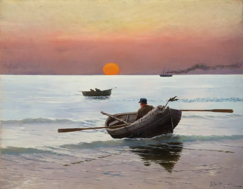 Sunset on the Sea by Stanisław Witkiewicz, oil on canvas showing vibrant sunset colors over the sea.