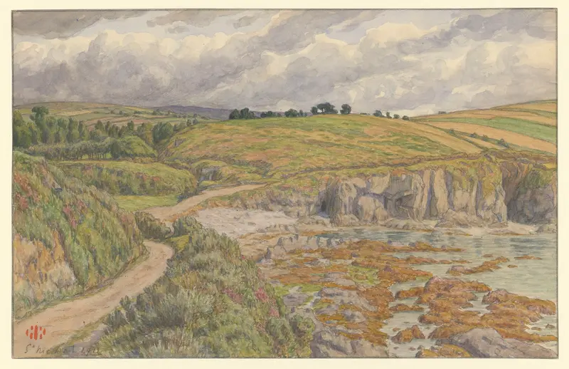 Saint-Nic (grève près de Pen-Trez) watercolor by Henri Rivière depicting turbulent waves and a rugged shoreline.