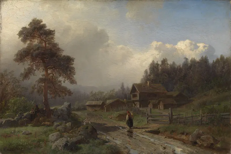 Norwegian Landscape in Rain by Hans Gude, oil on canvas depicting a stormy landscape with hills and dark clouds.