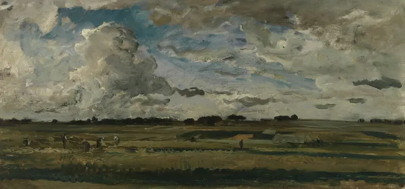 Paysage aux Moissonneurs, oil on canvas by Charles François Daubigny depicting harvest in fields.