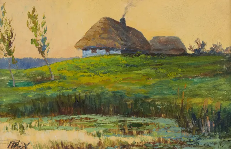 Landscape with huts on a hill by Wacław Wąsowicz, realism, depicting earthy huts on a dry hill