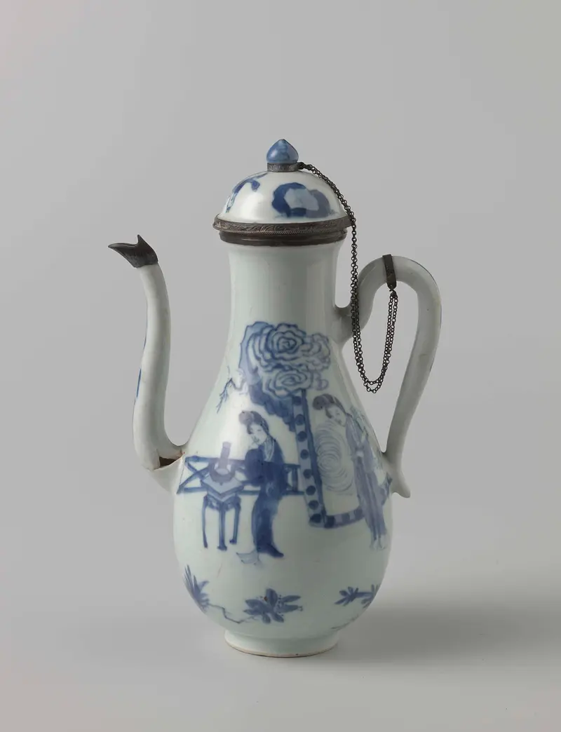Pear-shaped milk jug with silver mounts, ceramic medium, unknown artist