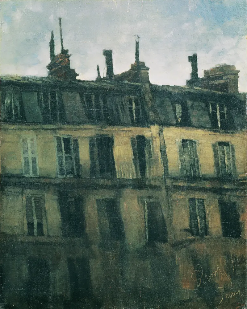 Oil on canvas by Carl Schuch depicting urban architecture with light on cobblestone streets.