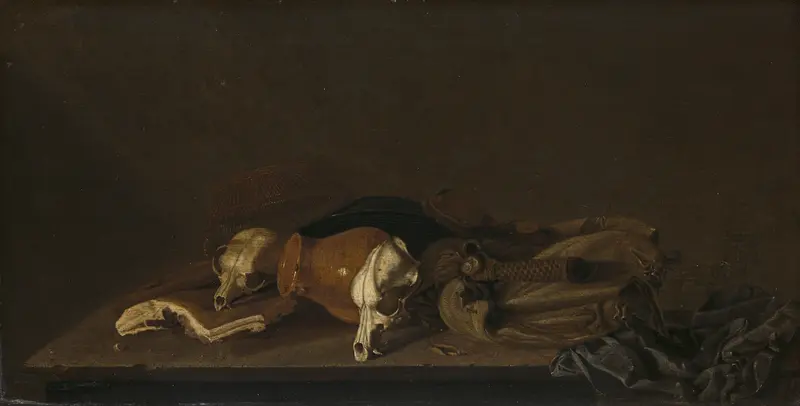 Still life with suckling-pig skulls, oil on panel by unknown artist