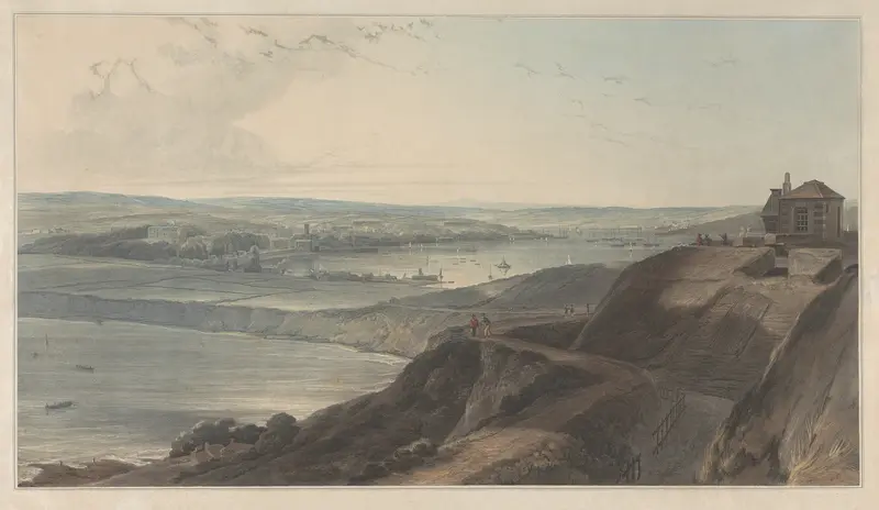 Oil on canvas by William Daniell depicting a harbor scene with boats in Cornwall