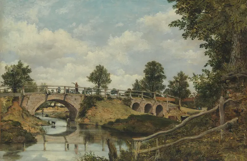 An old bridge over a river, oil painting by Frederick Waters Watts