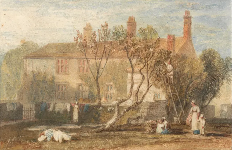 Steeton Manor House, Near Farnley by Joseph Mallord William Turner, oil painting depicting a manor with clouds.