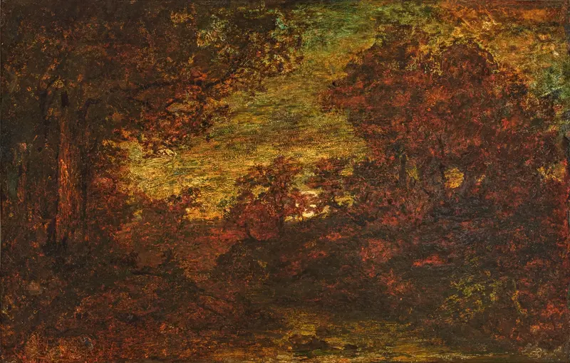 Moonrise by Ralph Albert Blakelock, oil painting depicting a twilight landscape with a luminous moon.