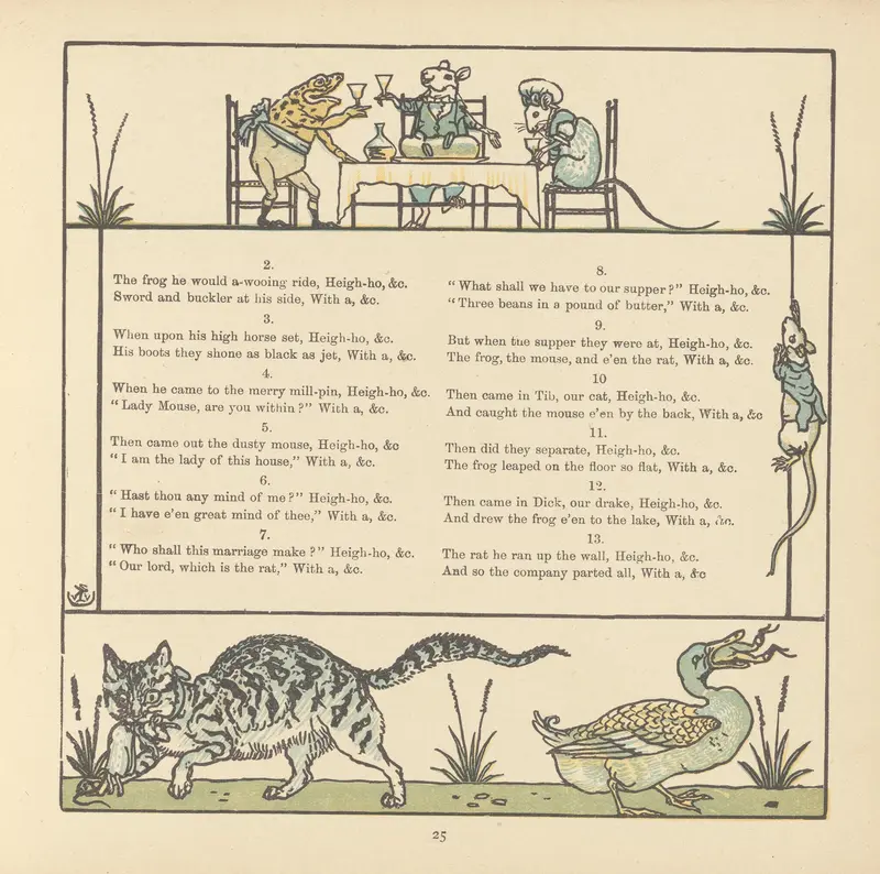 A whimsical scene of frogs engaging in courtship.