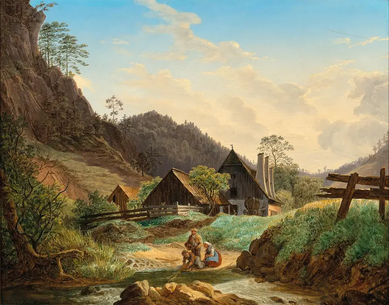 Landscape featuring a creek and mountains, oil painting by Matthias Rudolf Toma