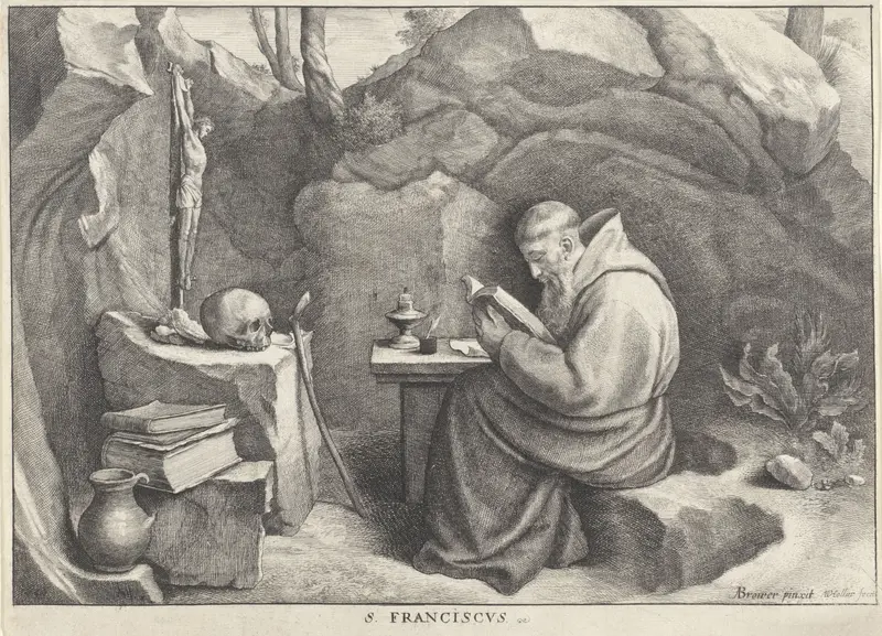 St. Francis seated in a grotto, etching by Wenceslaus Hollar
