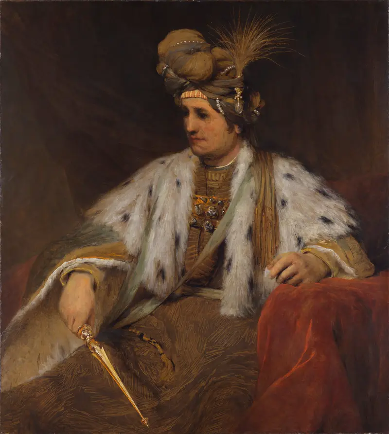 A kingly figure in fur and gold, lost in thought, holding a golden scepter against a dark background.