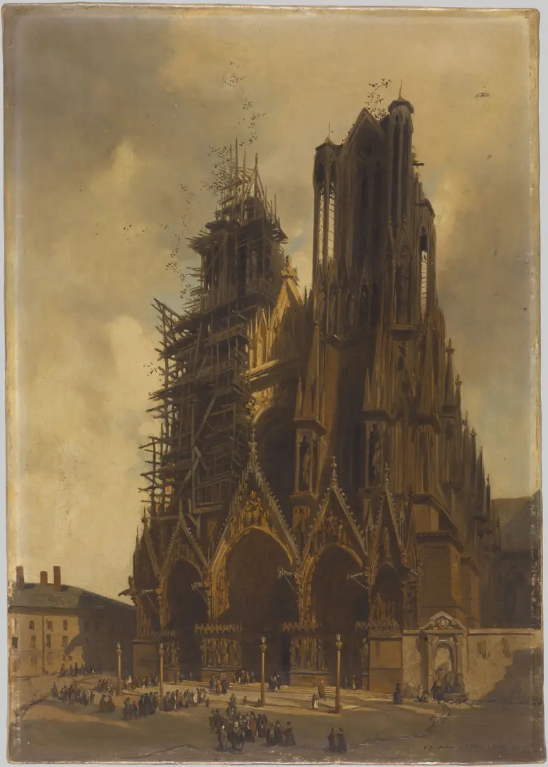 La Cathédrale de Reims, oil on canvas by Adrien Dauzats, featuring soaring spires and light.
