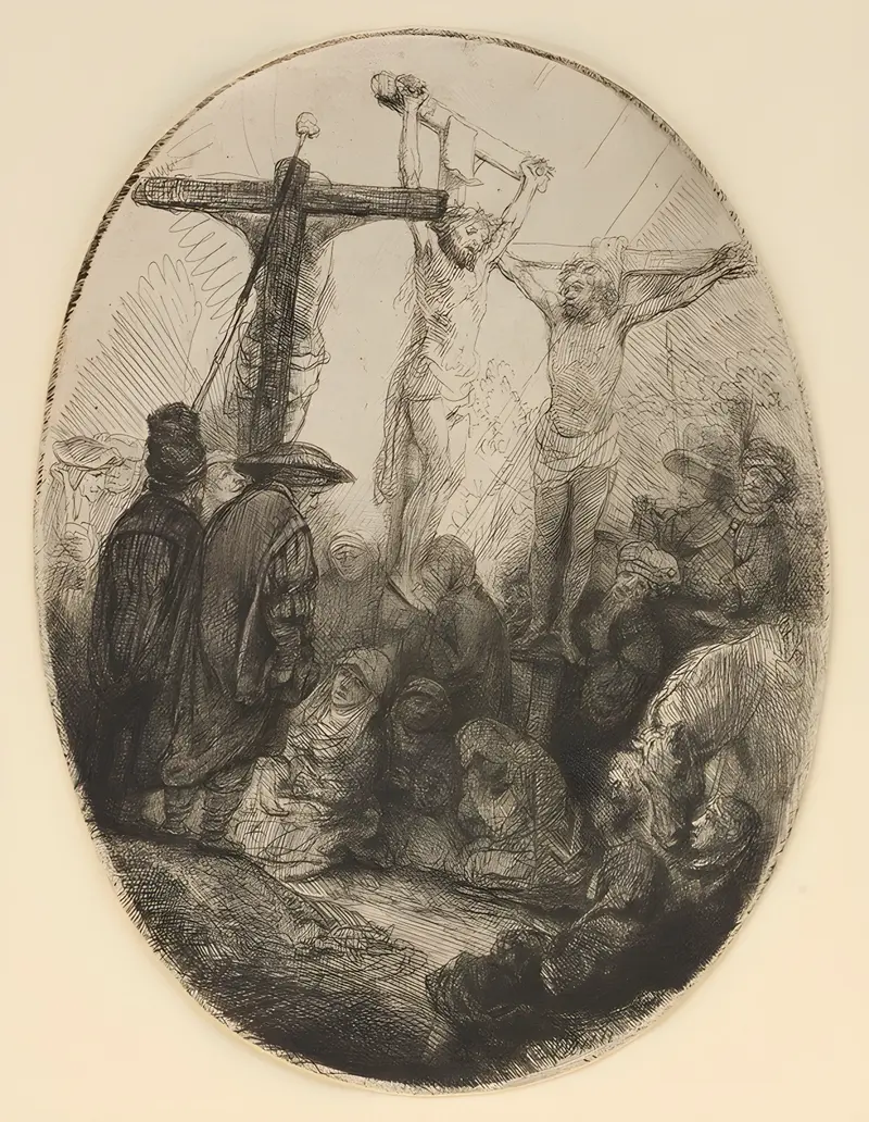 Rembrandt's 'The Crucifixion' depicts a dramatic moment in a religious context.