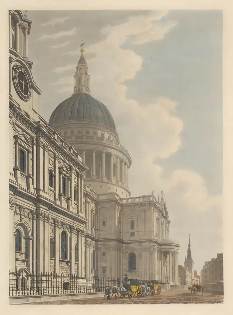 Watercolor by Thomas Malton depicting the south front of St. Pauls Cathedral