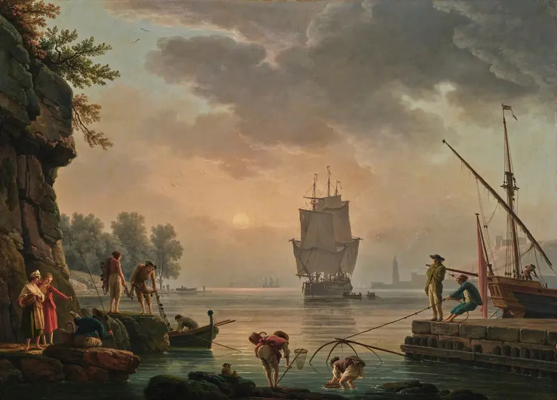 Foggy landscape with trees and a boat, oil painting by Claude-Joseph Vernet
