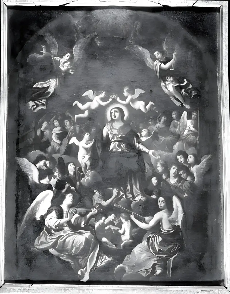Coronation of the Virgin, oil on canvas by Unknown Artist, depicting a celestial hall with figures in golden light.