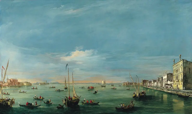 Rococo oil painting by Francesco Guardi depicting the Giudecca Canal with architecture and water reflections.