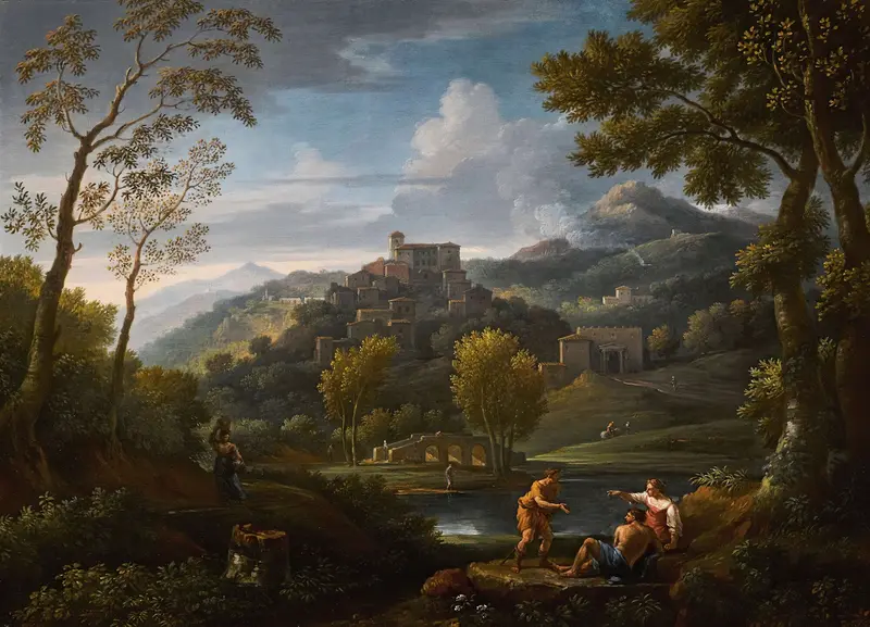 Italianate landscape with figures and a hilltop town by Jan Frans Van Bloemen, oil painting