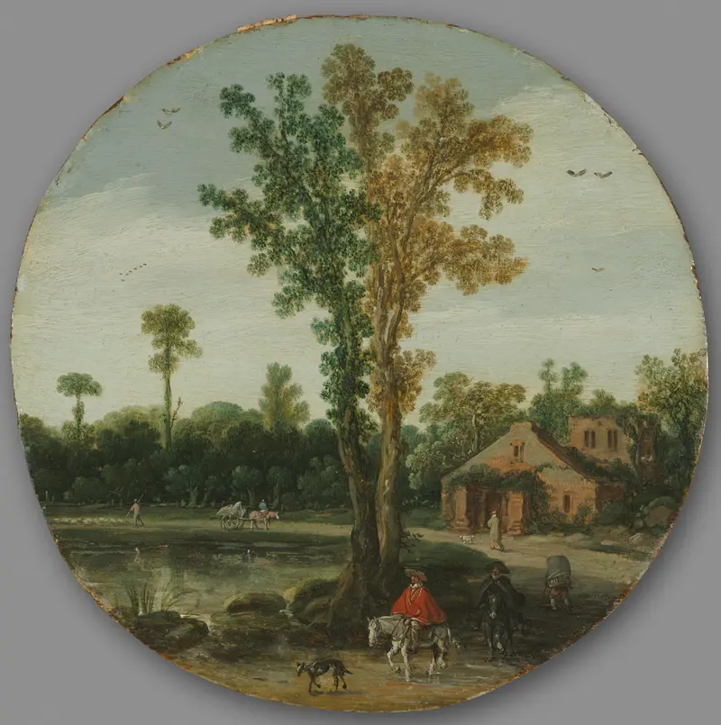 Travelers by a Lake, oil on panel by Esaias van de Velde, depicting figures by a reflective lake.