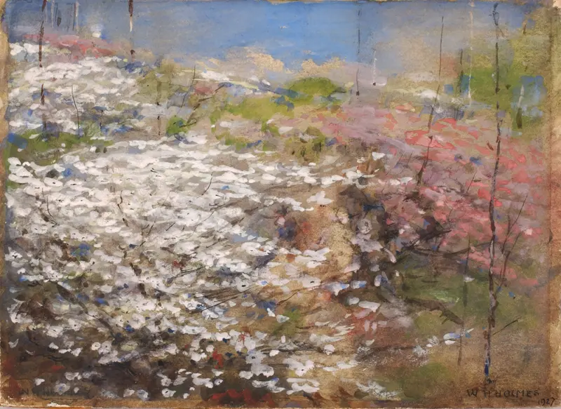 Field Of Blossoms watercolor by William Henry Holmes depicting colorful flowers and nature