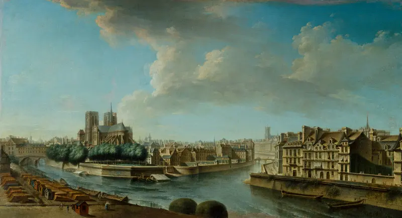 Landscape oil painting by Nicolas Jean-Baptiste Raguenet featuring Notre-Dame and Île Saint-Louis.