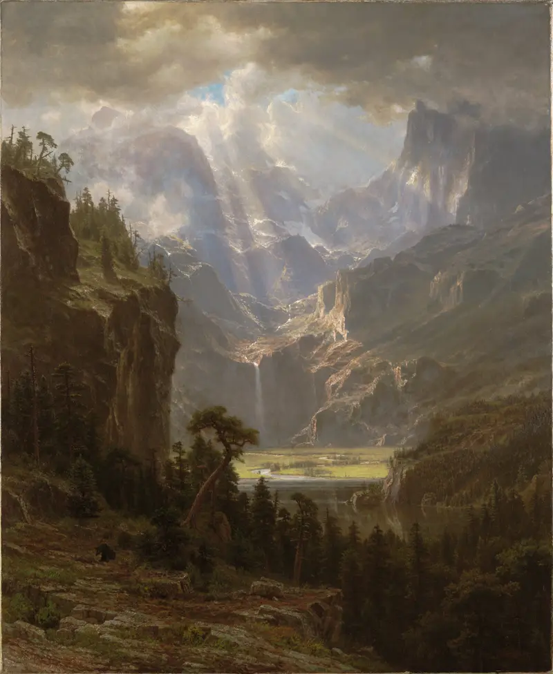 Linen painting by Albert Bierstadt depicting Rocky Mountains, 'Lander's Peak' at sunset over a lake.