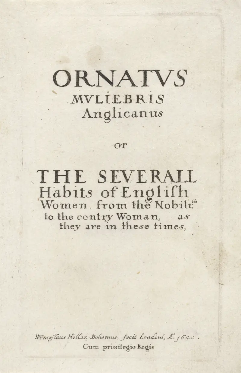 Cloaked female figure with intricate clothing, etching by Wenceslaus Hollar