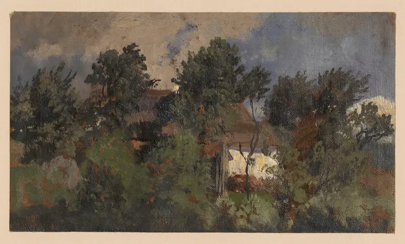 Houses among trees in Pełcznica by Adolf Dressler, oil painting