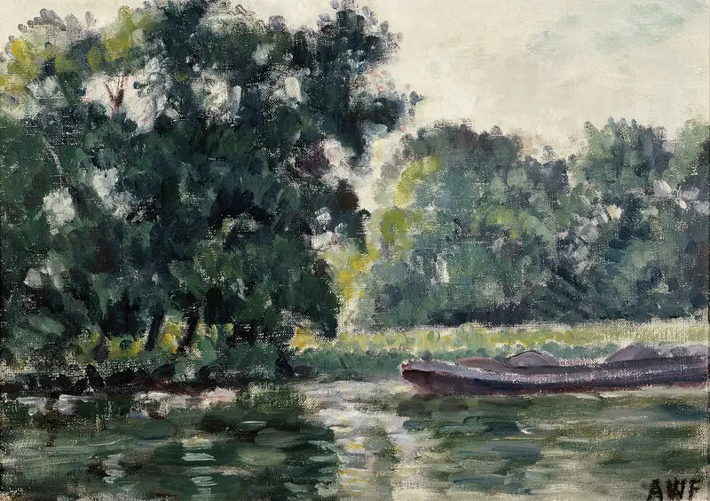 River landscape oil painting by Alfred William Finch featuring golden light and reflections.