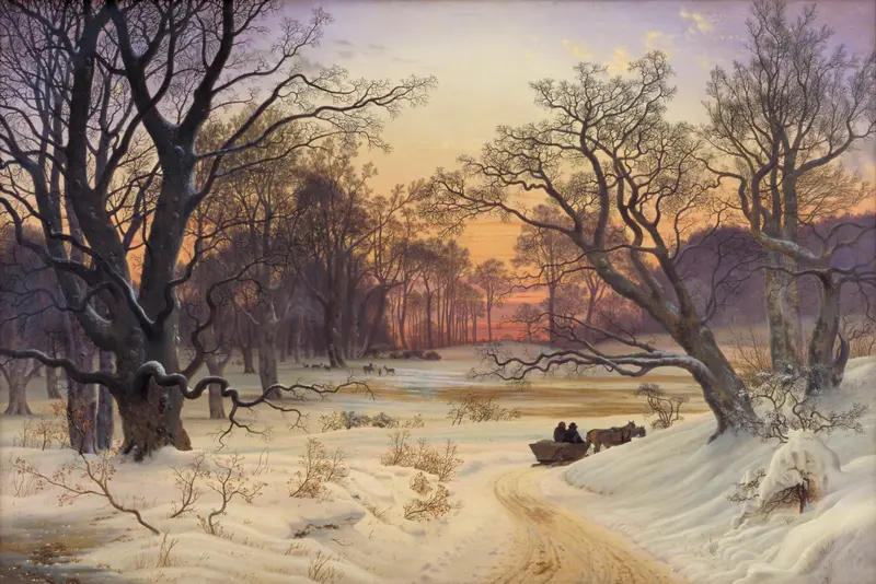 Winter night landscape with trees and snow, oil on canvas by Vilhelm Kyhn