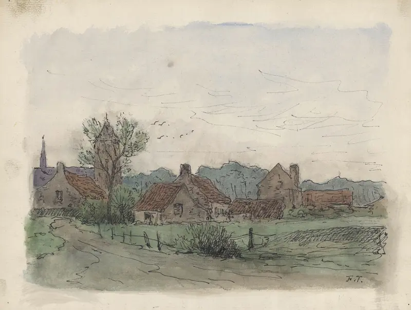 Landscape depicting a village with cottages, oil painting by Jean-François Taelemans