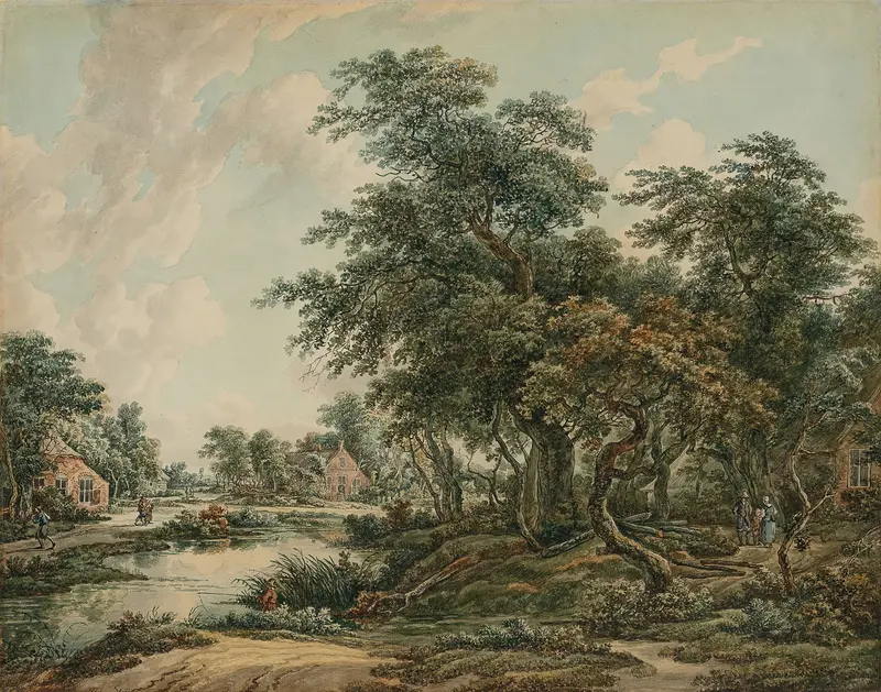 Landscape with figures and houses by Jacob van Strij, oil painting