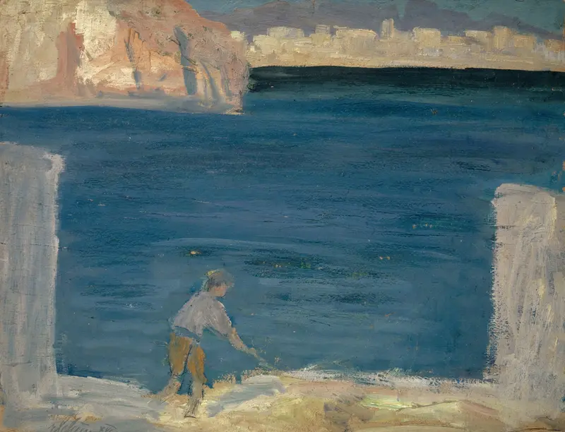 Oil painting by Ernst Schiess depicting a tranquil harbor scene