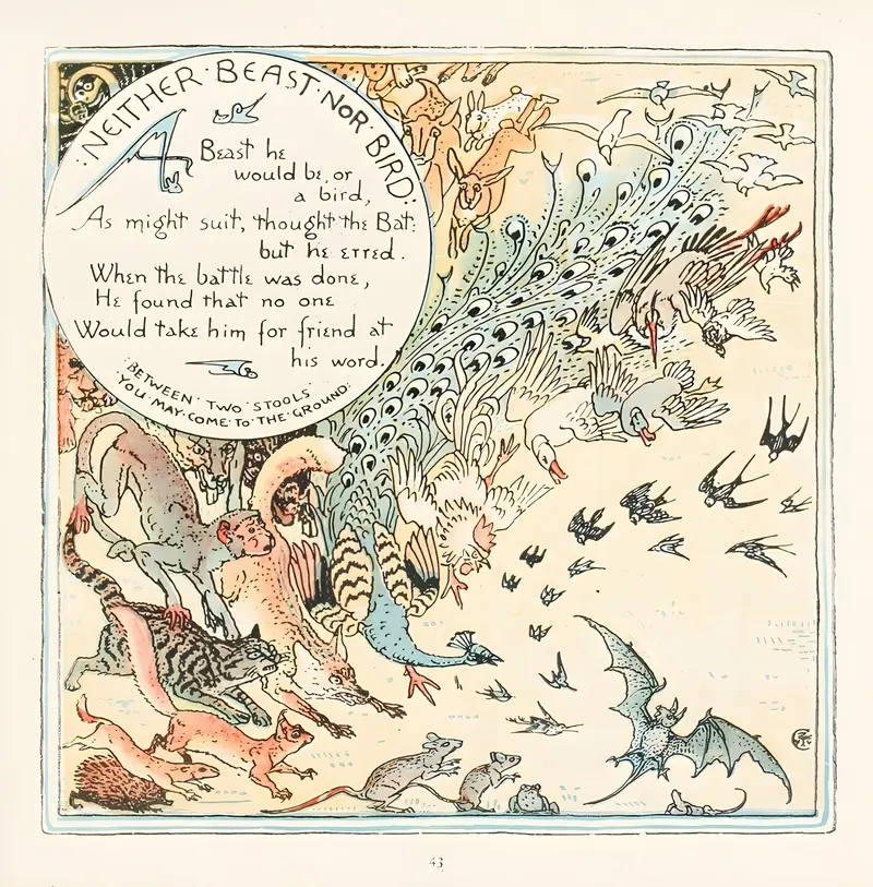 A painting by Walter Crane titled 'Neither Beast nor Bird'.