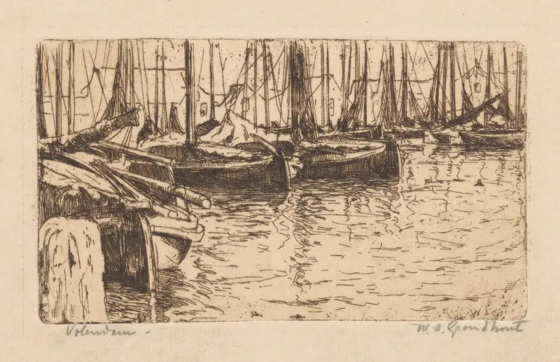 Marine scene depicting boats and fishing nets by Willem Adrianus Grondhout, oil painting