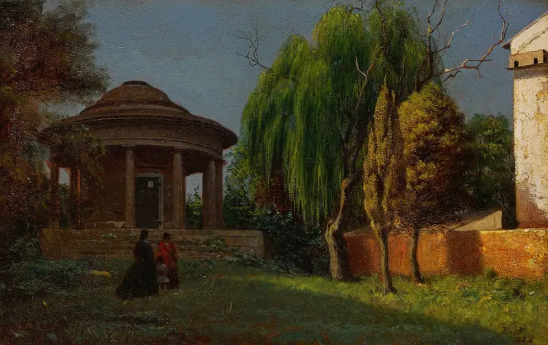 Landscape scene with river and forest, oil on canvas by Eastman Johnson