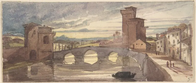 Engraving by Francis Seymour Haden depicting the Leaning Tower of Pisa in a serene landscape