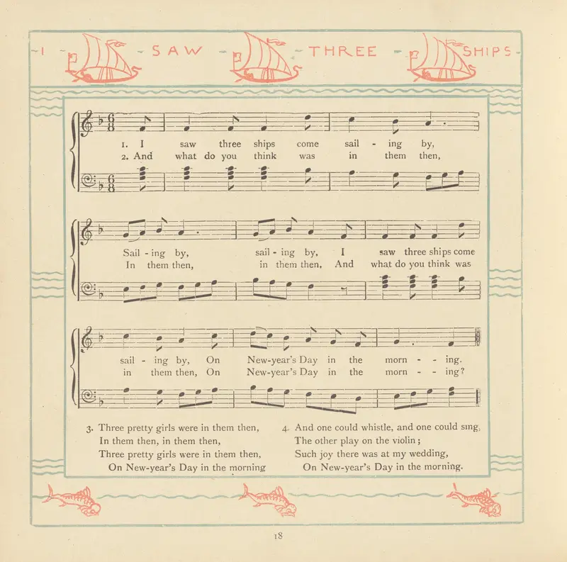 Walter Crane's 'I saw Three Ships' depicts a serene marine scene with vibrant colors.