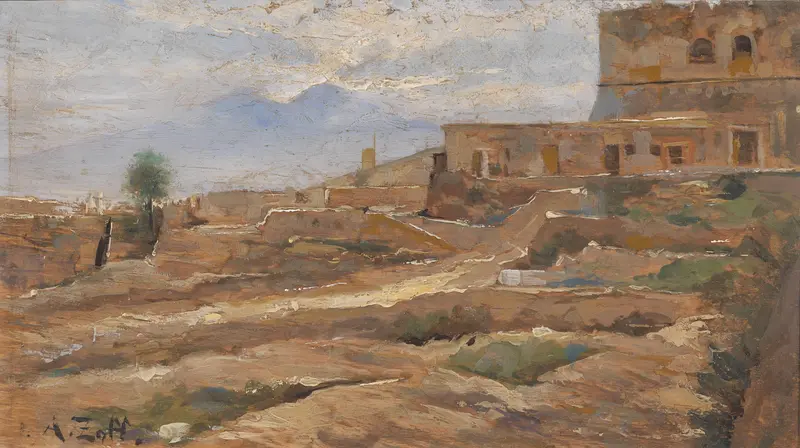 Twilight landscape with Castel Sant Elmo, oil on canvas by Alfred Zoff