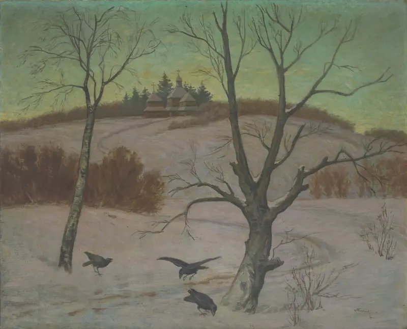 Winter landscape featuring a church by Andrej Kováčik, expressionism