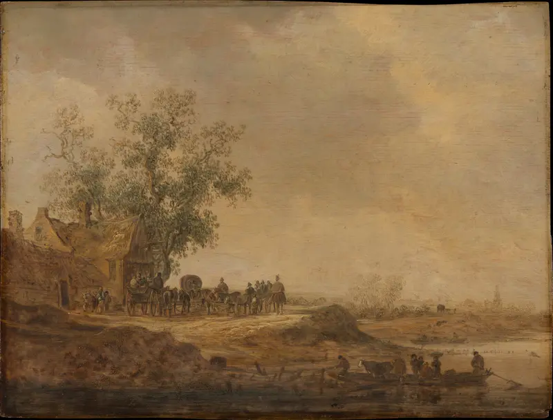 Landscape with an inn and rolling hills, oil painting by Jan van Goyen