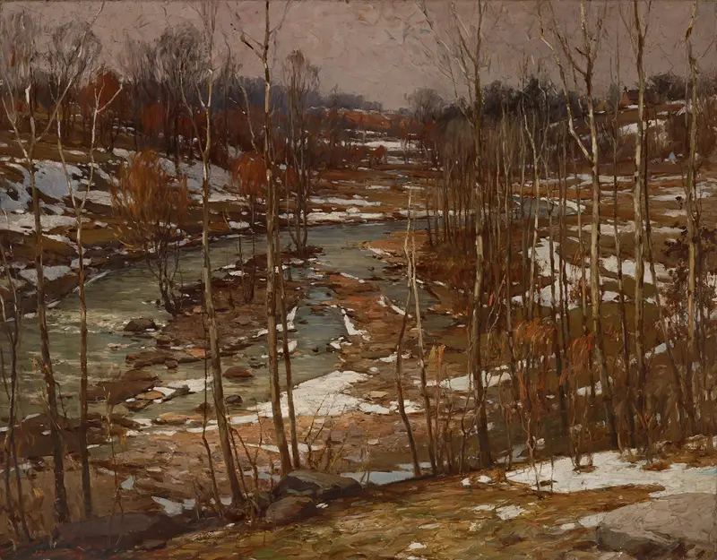 Wane of Winter by John Elwood Bundy, oil on canvas depicting winter's retreat with ice on branches.