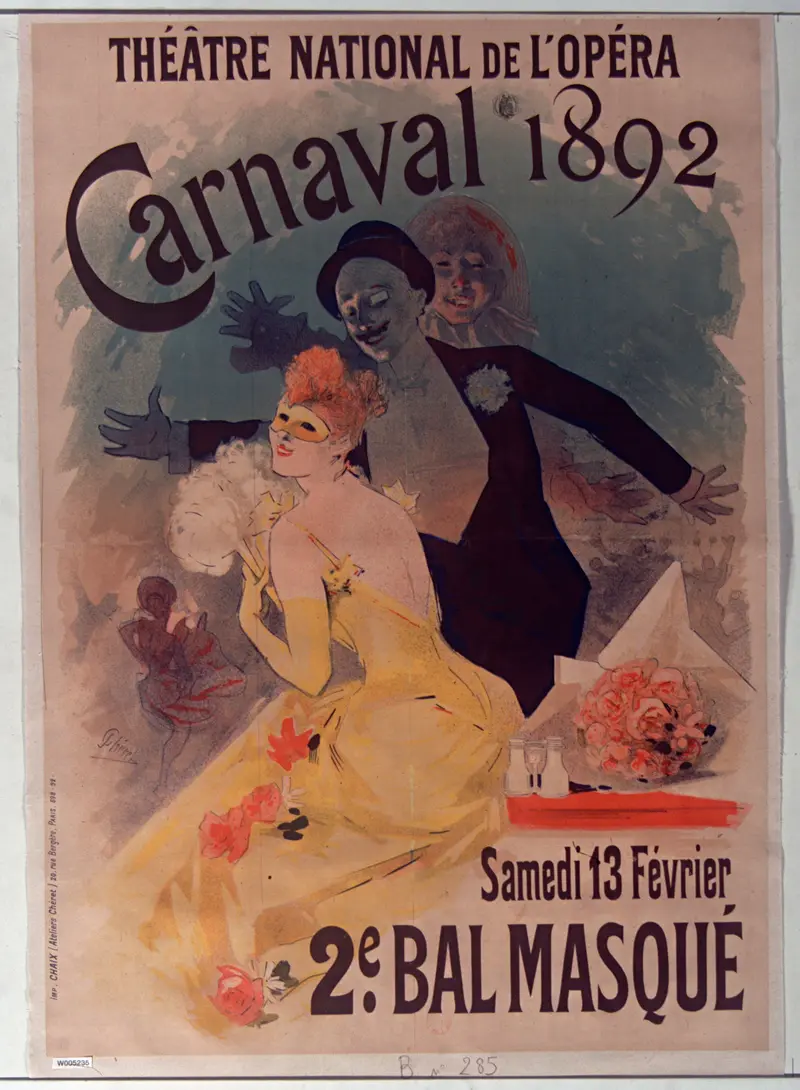 A vibrant poster depicting a lively scene at the Théâtre National de l’Opéra during Carnaval.