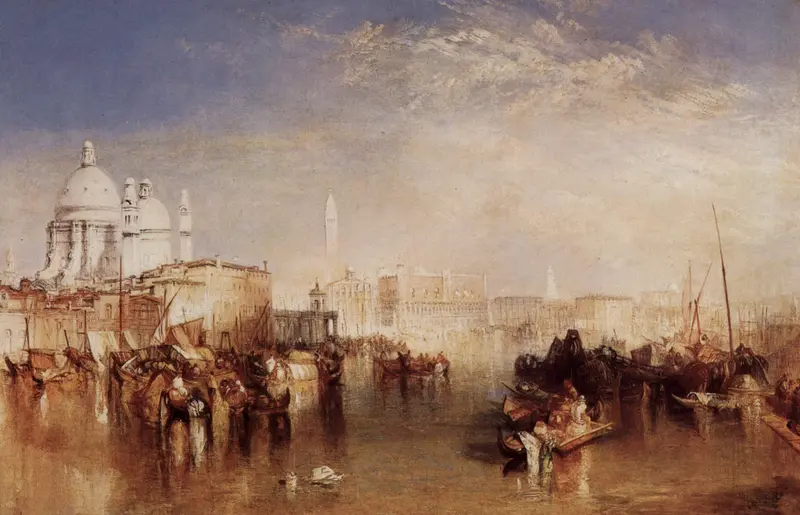 A dreamy depiction of Venice from the Giudecca, showcasing its skyline in soft hues.
