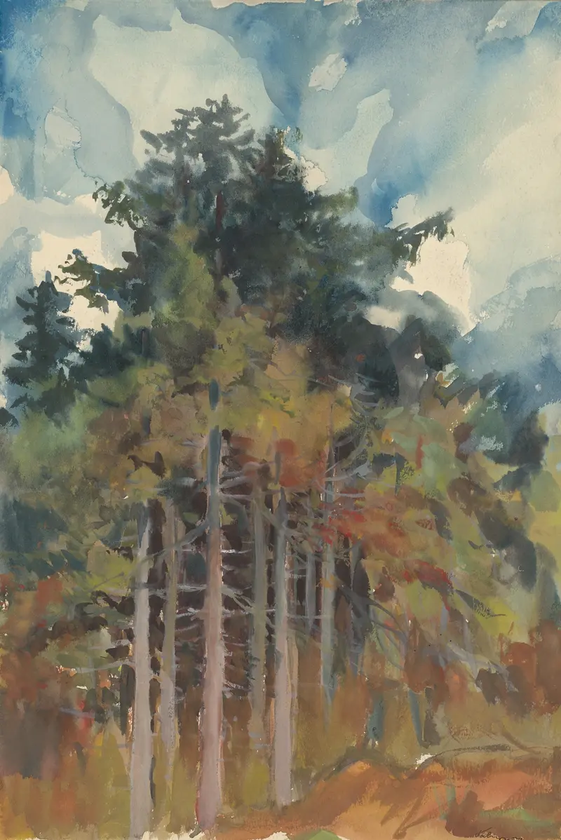 In the Forest in Autumn by Zolo Palugyay, oil painting depicting a vibrant autumn landscape.