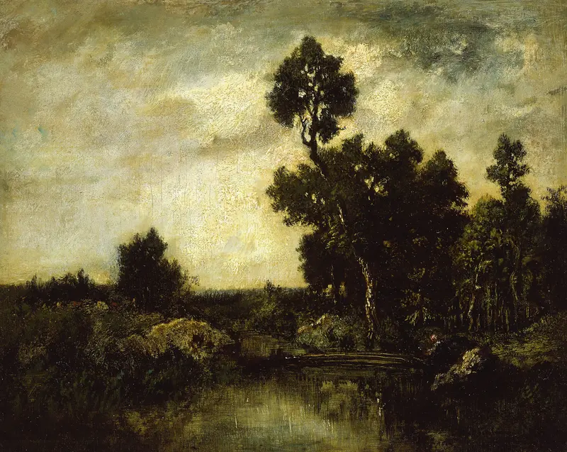 Landscape by Théodore Rousseau, oil painting depicting a forest with golden light filtering through trees.