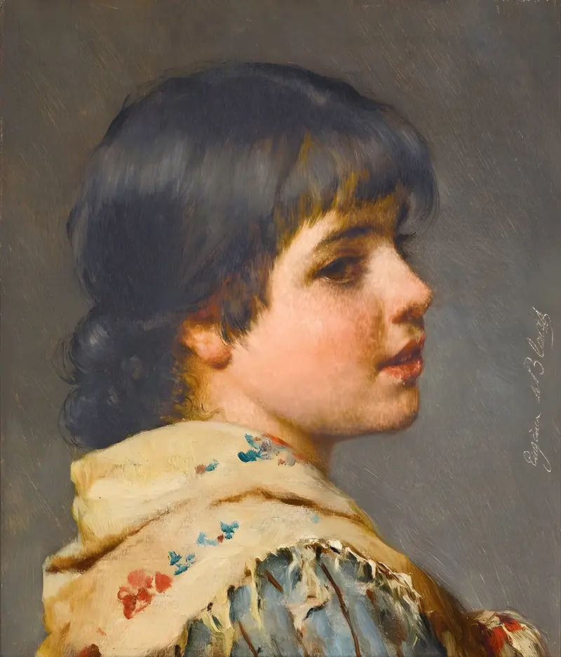A Venetian girl in traditional attire stands in a vibrant setting.