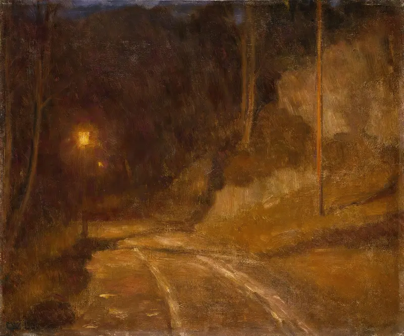 Lamp Light, oil on canvas by Erik Werenskiold, depicting a warm lamp illuminating a cozy interior.