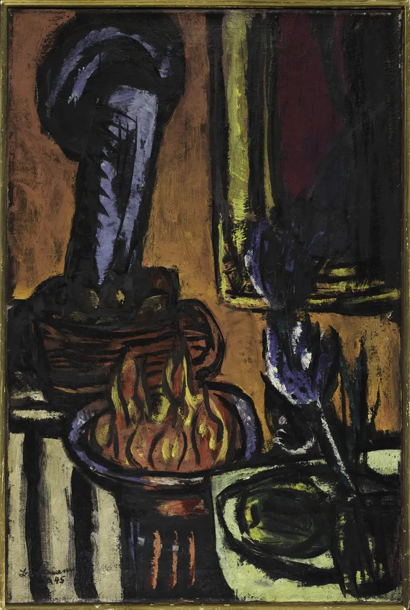 Still life with flame and objects, oil on canvas by Max Beckmann